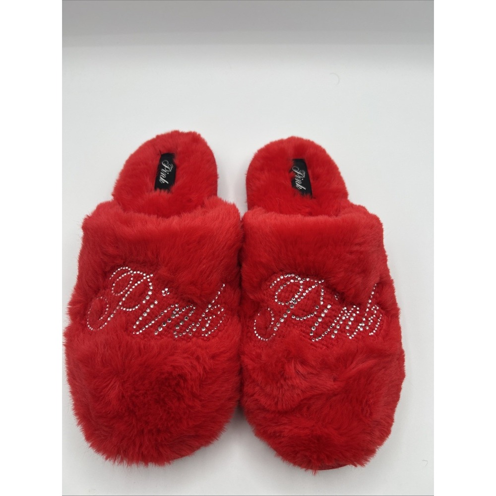 Victoria's Secret PINK Slippers Medium Faux Fur Plush Red Color Bling Logo NWT